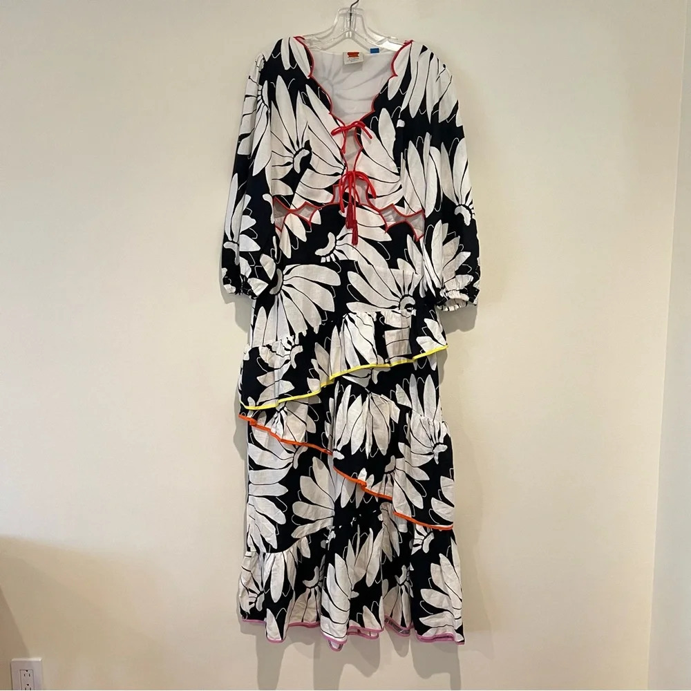 Farm Rio Cutout Tiered Tie Front Colorful Floral Tropical Boho Maxi Dress Large - Picture 3 of 9